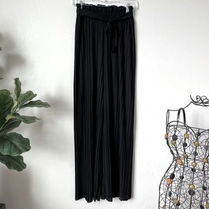 BLACK PLEATED WIDE LEG SHEER PANTS WITH TIE STRING